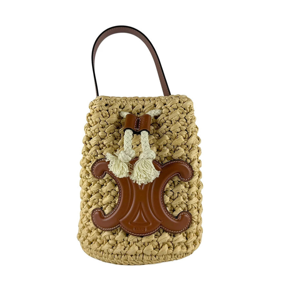 Celine Teen Drawstring Handbag Raffia Leather Brown